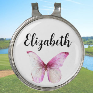 Pretty pink butterfly with custom name ladies golf hat clip