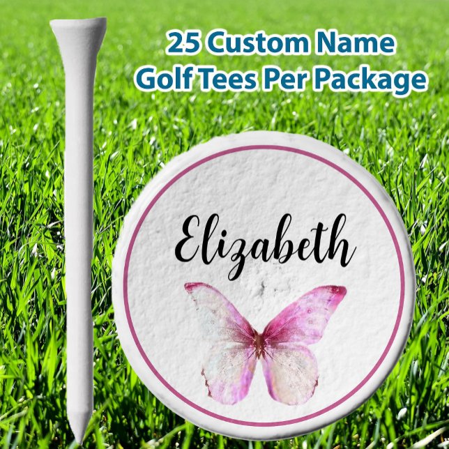 Pretty pink butterfly with custom name ladies golf tees (Creator Uploaded)