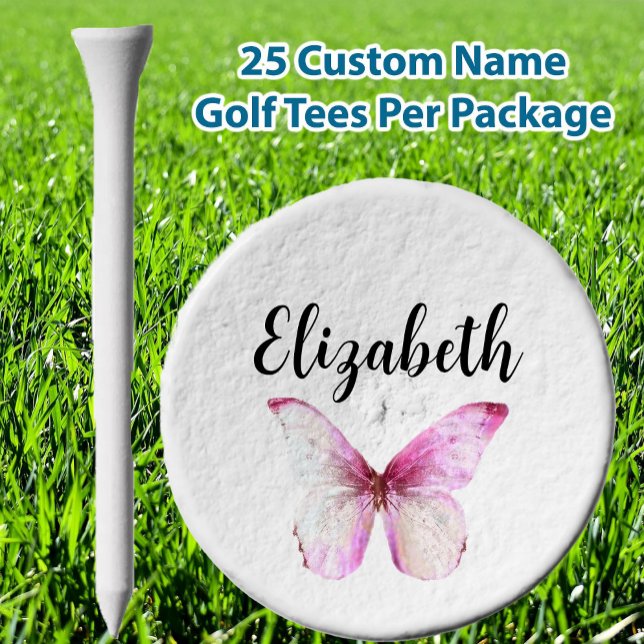 Pretty pink butterfly with custom name ladies golf tees (Creator Uploaded)