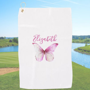 Pretty pink butterfly with custom name ladies golf towel