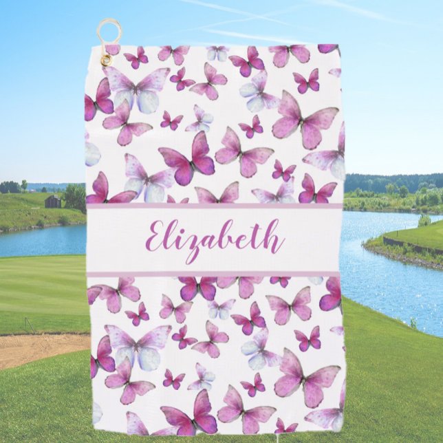 Pretty pink butterfly with custom name ladies  golf towel (Creator Uploaded)