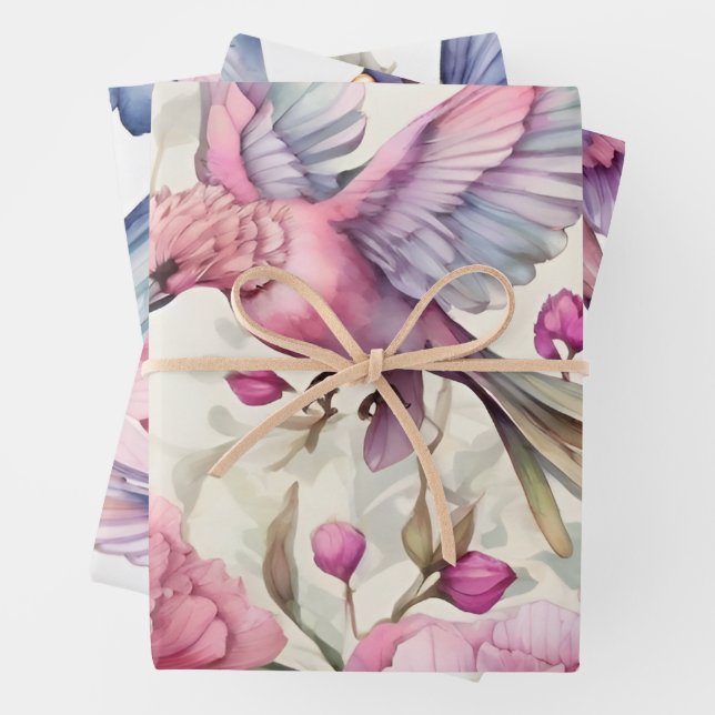 Pretty Pink Carnations Beautiful Bird Mix  Wrapping Paper Sheets (In situ)
