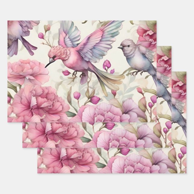 Pretty Pink Carnations Beautiful Pink Purple Bird  Wrapping Paper Sheets (Set)