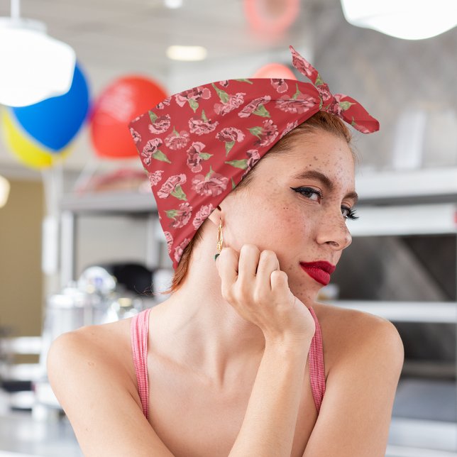 Pretty Pink Carnations Flowers on Red Patterned Bandana (Creator Uploaded)