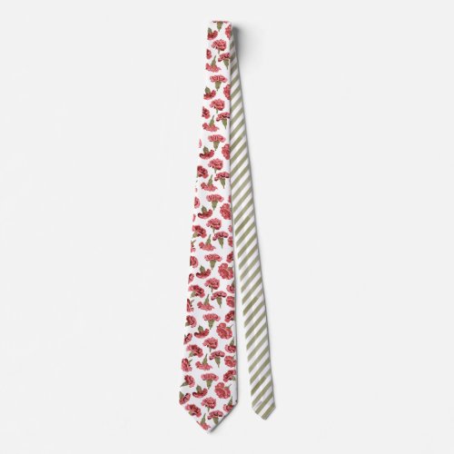 Pretty Pink Carnations Flowers on White Patterned Neck Tie