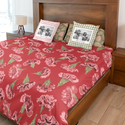 Pretty Pink Carnations on Red Patterned Duvet Cover