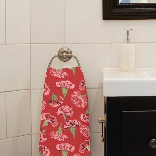 Pretty Pink Carnations on Red Patterned Hand Towel