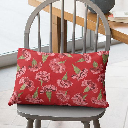 Pretty Pink Carnations on Red Patterned Lumbar Pillow