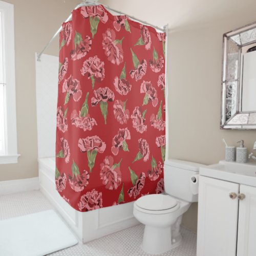 Pretty Pink Carnations on Red Patterned Shower Curtain