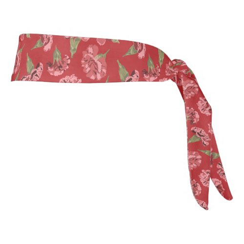 Pretty Pink Carnations on Red Patterned Tie Headband