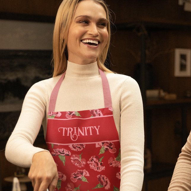 Pretty Pink Carnations on Red Personalized Apron (Creator Uploaded)
