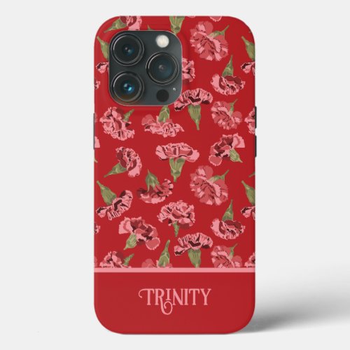 Pretty Pink Carnations on Red Personalized iPhone 13 Pro Case
