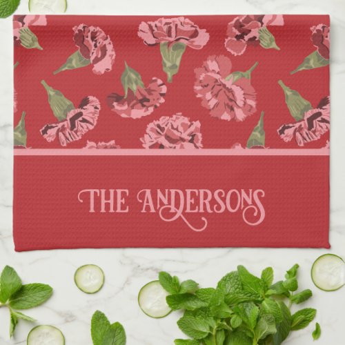 Pretty Pink Carnations on Red Personalized Kitchen Towel