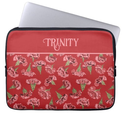 Pretty Pink Carnations on Red Personalized Laptop Sleeve