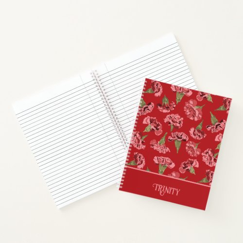 Pretty Pink Carnations on Red Personalized Notebook