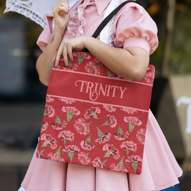 Pretty Pink Carnations on Red Personalized Tote Bag (Creator Uploaded)