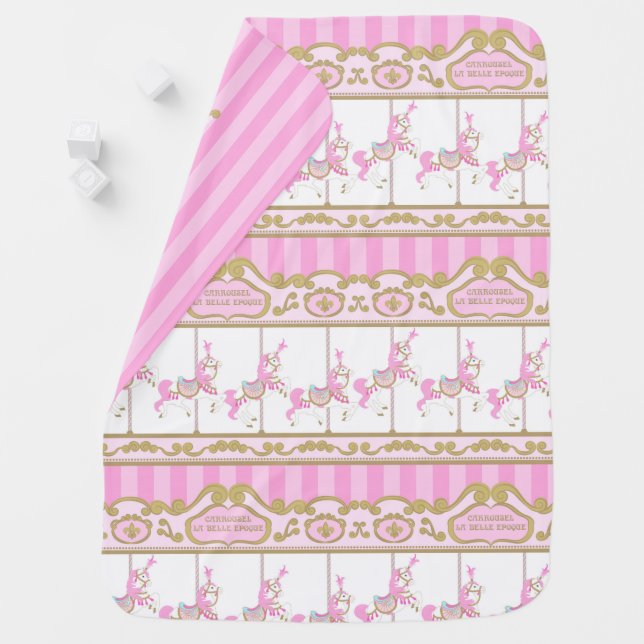 PRETTY PINK CAROUSEL HORSES BABY BLANKET (In Situ)