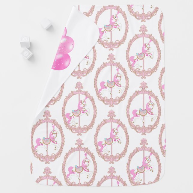 PRETTY PINK CAROUSEL HORSES BABY BLANKET (In Situ)
