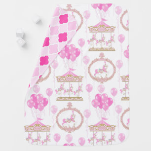 PRETTY PINK CAROUSEL HORSES & BALLOONS BABY BLANKET