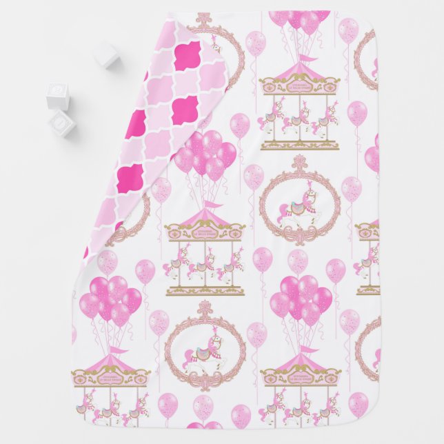 PRETTY PINK CAROUSEL HORSES & BALLOONS BABY BLANKET (In Situ)
