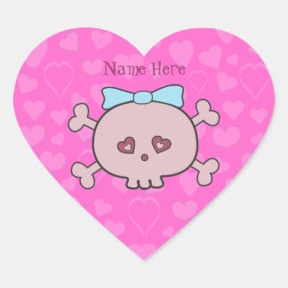 Pretty Pink Cartoon Skull & Hearts Personalized Heart Sticker