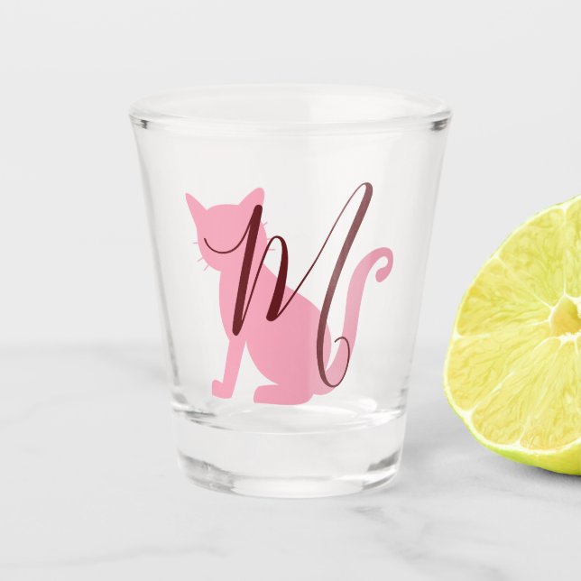 Pretty Pink cat monogram Shot Glass (Front)