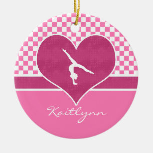 Pretty Pink Checkered Gymnastics with Monogram Ceramic Ornament