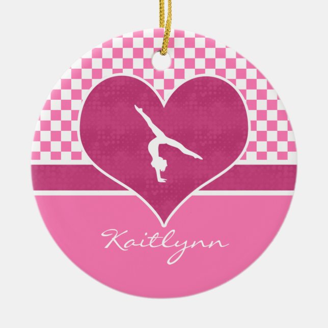 Pretty Pink Checkered Gymnastics with Monogram Ceramic Ornament (Front)