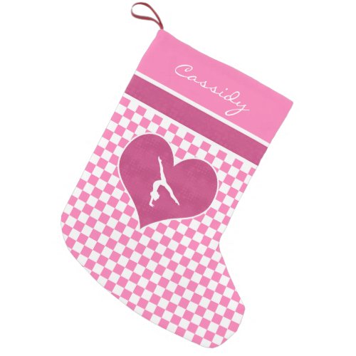 Pretty Pink Checkered Gymnastics with Monogram Small Christmas Stocking