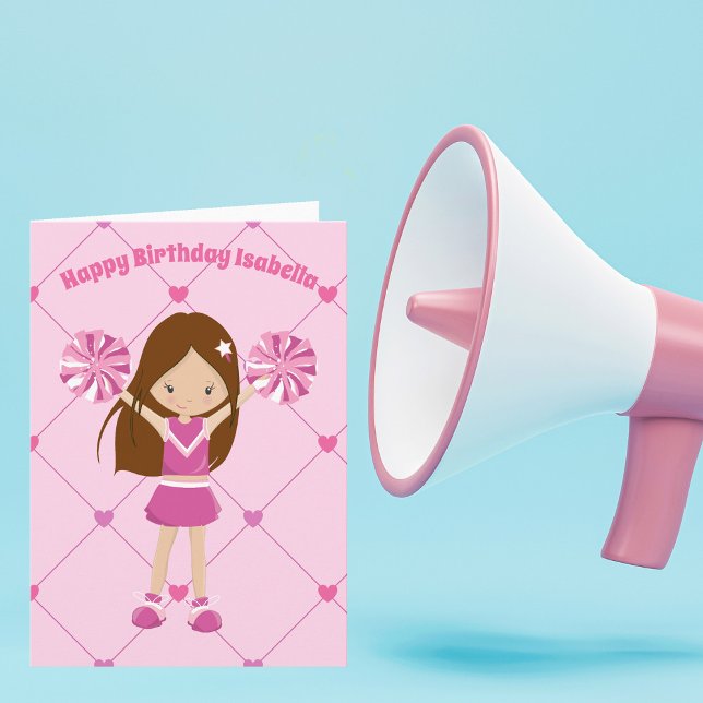 Pretty Pink Cheerleader Personalized Birthday Girl Card (Creator Uploaded)