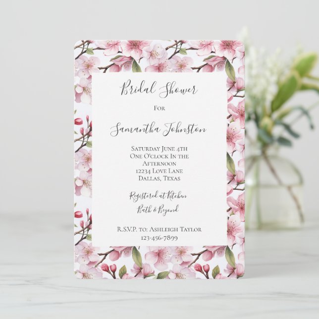Pretty Pink Cherry Blossom Floral Bridal Shower Invitation (Standing Front)