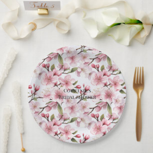 Pretty Pink Cherry Blossom Flowers Bridal Shower Paper Plates