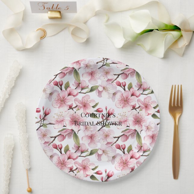 Pretty Pink Cherry Blossom Flowers Bridal Shower Paper Plates (Wedding)