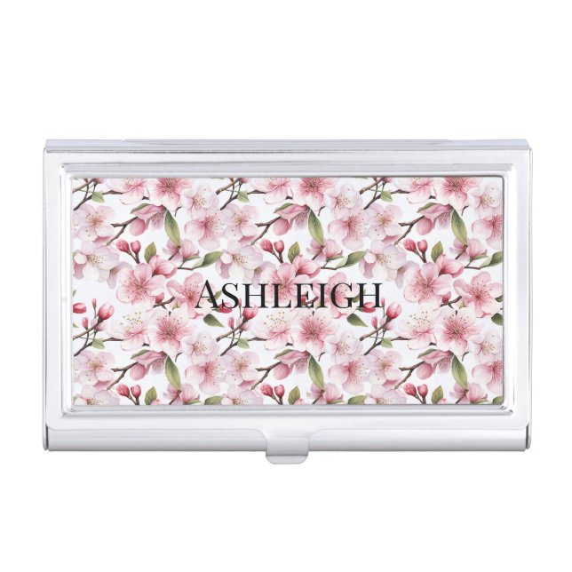 Pretty Pink Cherry Blossom Flowers Business Card Case (Front)