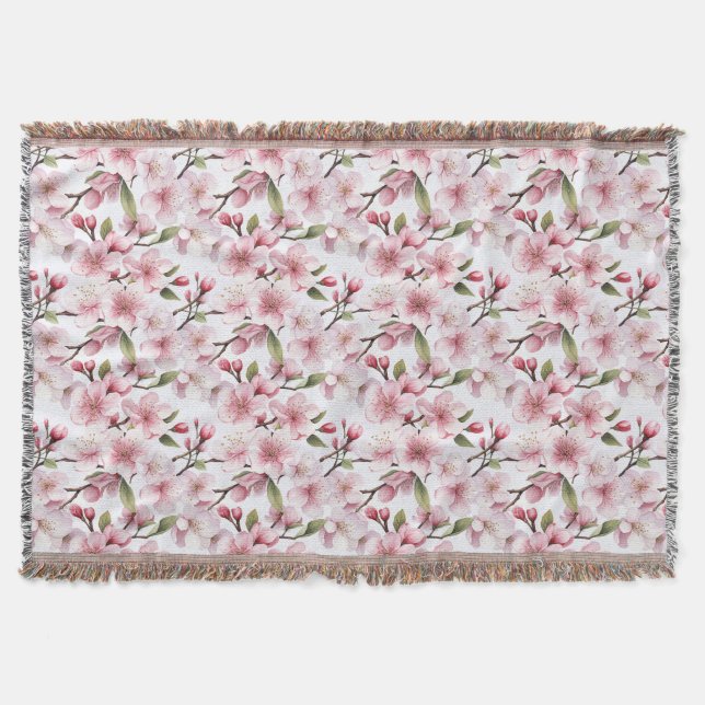 Pretty Pink Cherry Blossom Flowers Throw Blanket (Front)