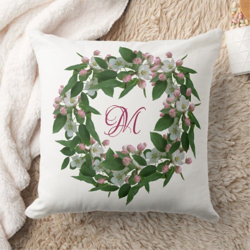 Pretty pink cherry blossom M monogram floral green Throw Pillow