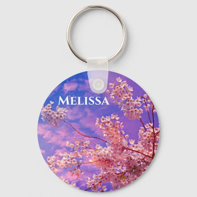 Pretty Pink Cherry Blossom Name Monogram Keychain (Front)