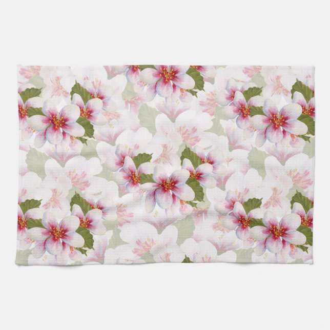 Pretty Pink Cherry Blossoms Watercolor Kitchen Towel (Horizontal)