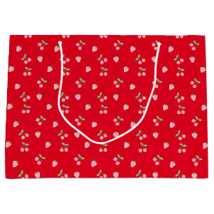 Pretty Pink Cherry Strawberry Fruit Pattern Red Large Gift Bag