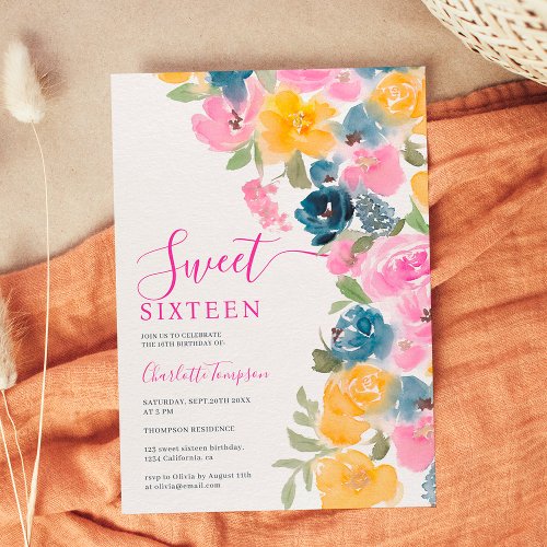Pretty pink chic wild flowers floral chic sweet 16 invitation