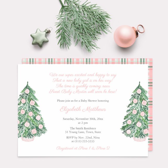 Pretty Pink Christmas Chinoiserie Girl Baby Shower Invitation (Pink Chinoiserie Holiday Trees girl baby shower party invitation)