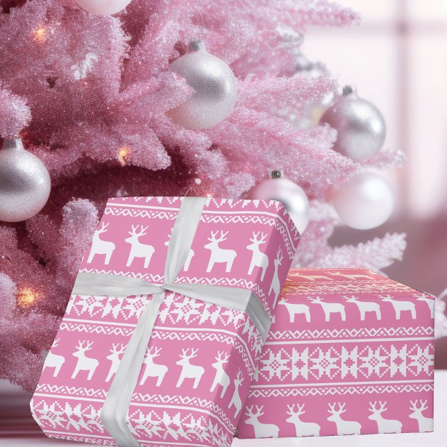 Pretty Pink Christmas Deer Snowflake Pattern Wrapping Paper (Creator Uploaded)