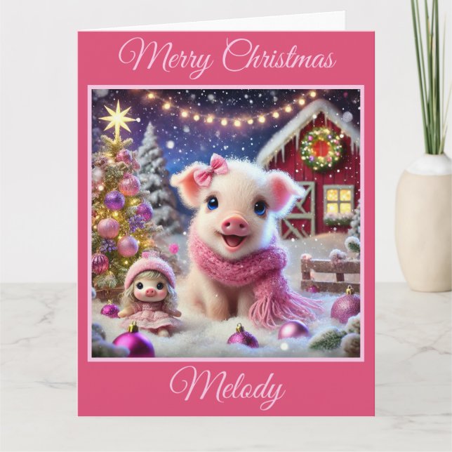 Pretty Pink Christmas Pig on the Farm Card (Front)