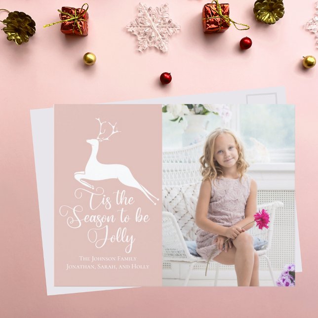 Pretty Pink Christmas Reindeer Chic Photo Holiday Postcard (Creator Uploaded)