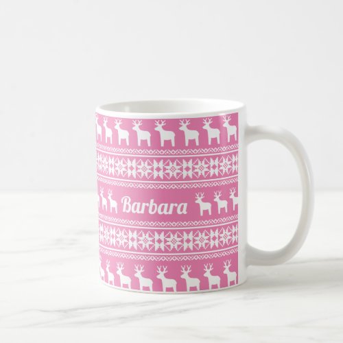 Pretty Pink Christmas Reindeer Pattern Monogram Coffee Mug