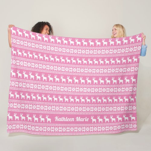 Pretty Pink Christmas Reindeer Pattern Monogram Fleece Blanket