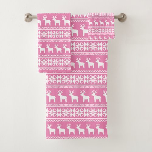 Pretty Pink Christmas Reindeer Snowflake Bath Towel Set