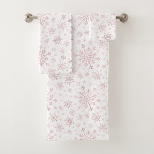 Pretty Pink Christmas Snowflakes on Winter White  Bath Towel Set