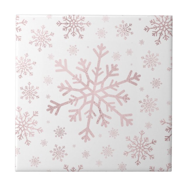 Pretty Pink Christmas Snowflakes on Winter White Ceramic Tile (Front)