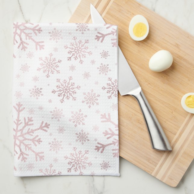 Pretty Pink Christmas Snowflakes on Winter White  Kitchen Towel (Quarter Fold)